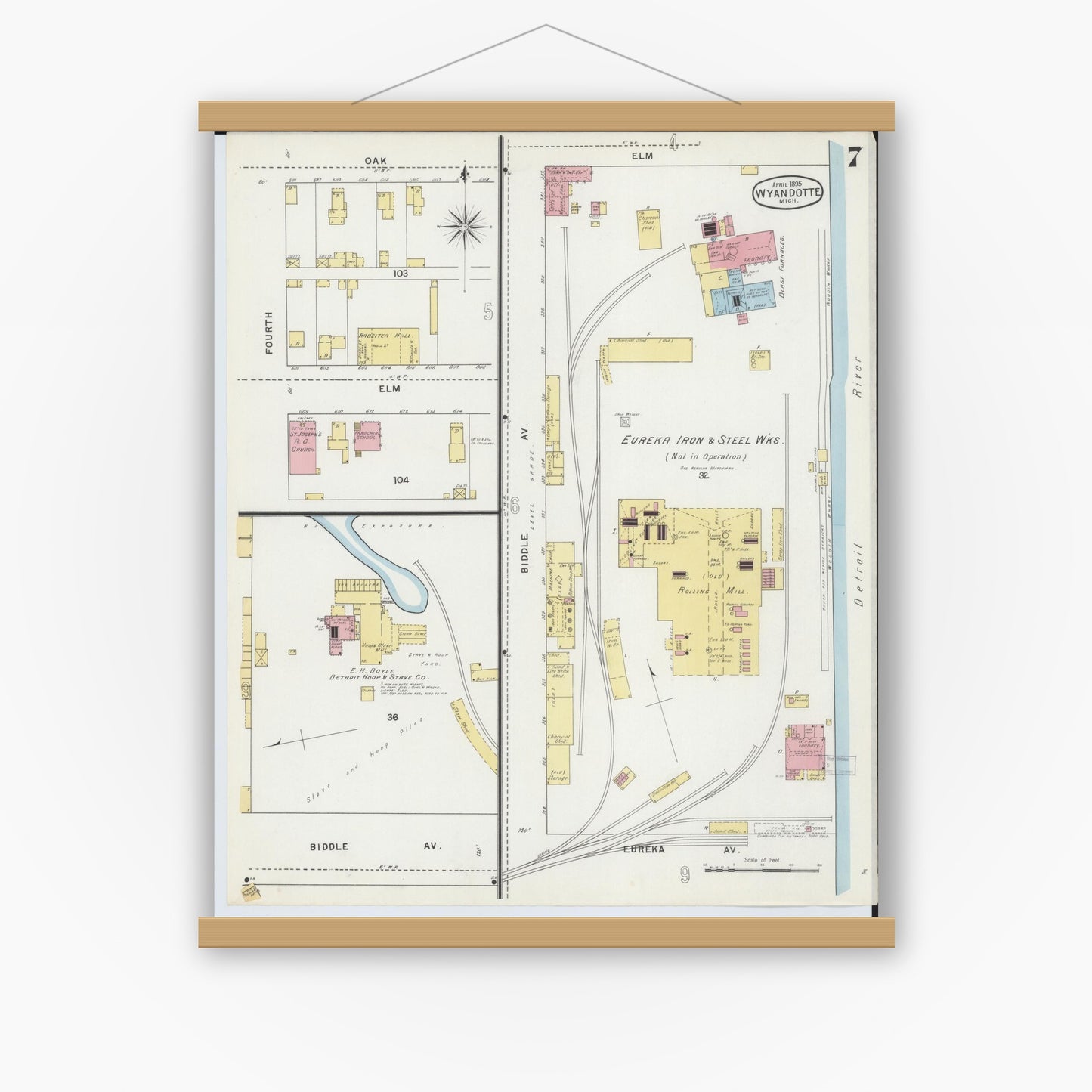 Old map wall art mockup — magnetic wood frame on white wall — Sanborn Fire Insurance Map from Wyandotte, Wayne County, Michigan (1895), Sheet #0007