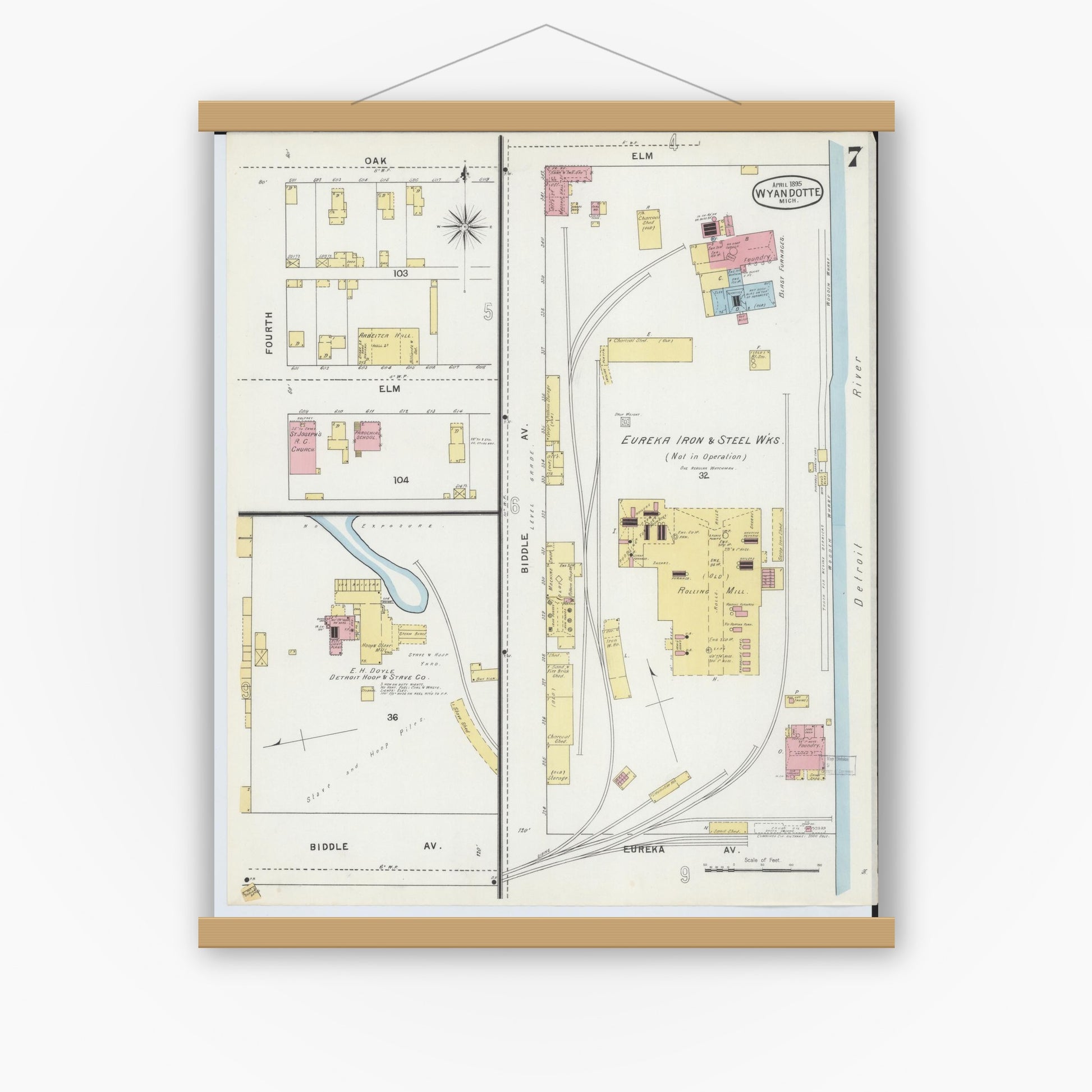 Old map wall art mockup — magnetic wood frame on white wall — Sanborn Fire Insurance Map from Wyandotte, Wayne County, Michigan (1895), Sheet #0007