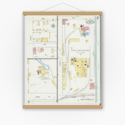 Old map wall art mockup — magnetic wood frame on white wall — Sanborn Fire Insurance Map from Wyandotte, Wayne County, Michigan (1895), Sheet #0007