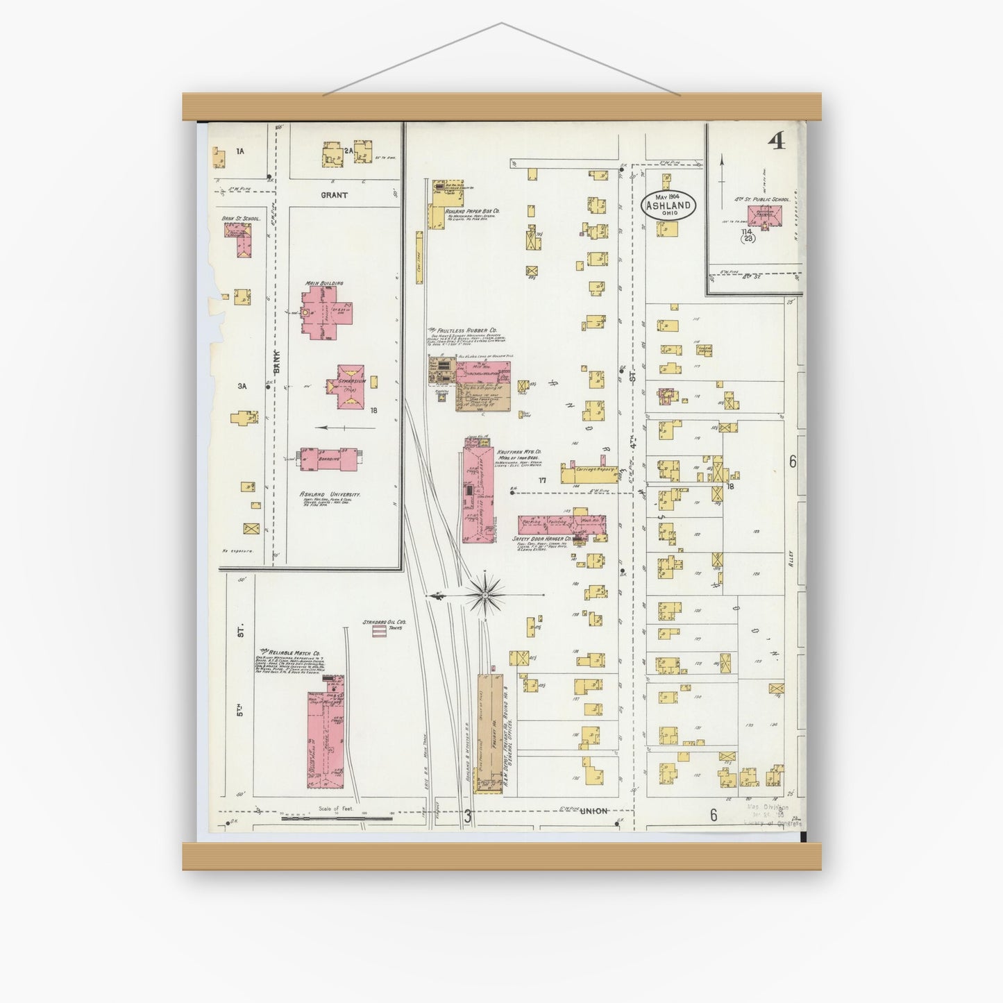 Old map wall art mockup — magnetic wood frame on white wall — Sanborn Fire Insurance Map from Ashland, Ashland County, Ohio (1904), Sheet #0004