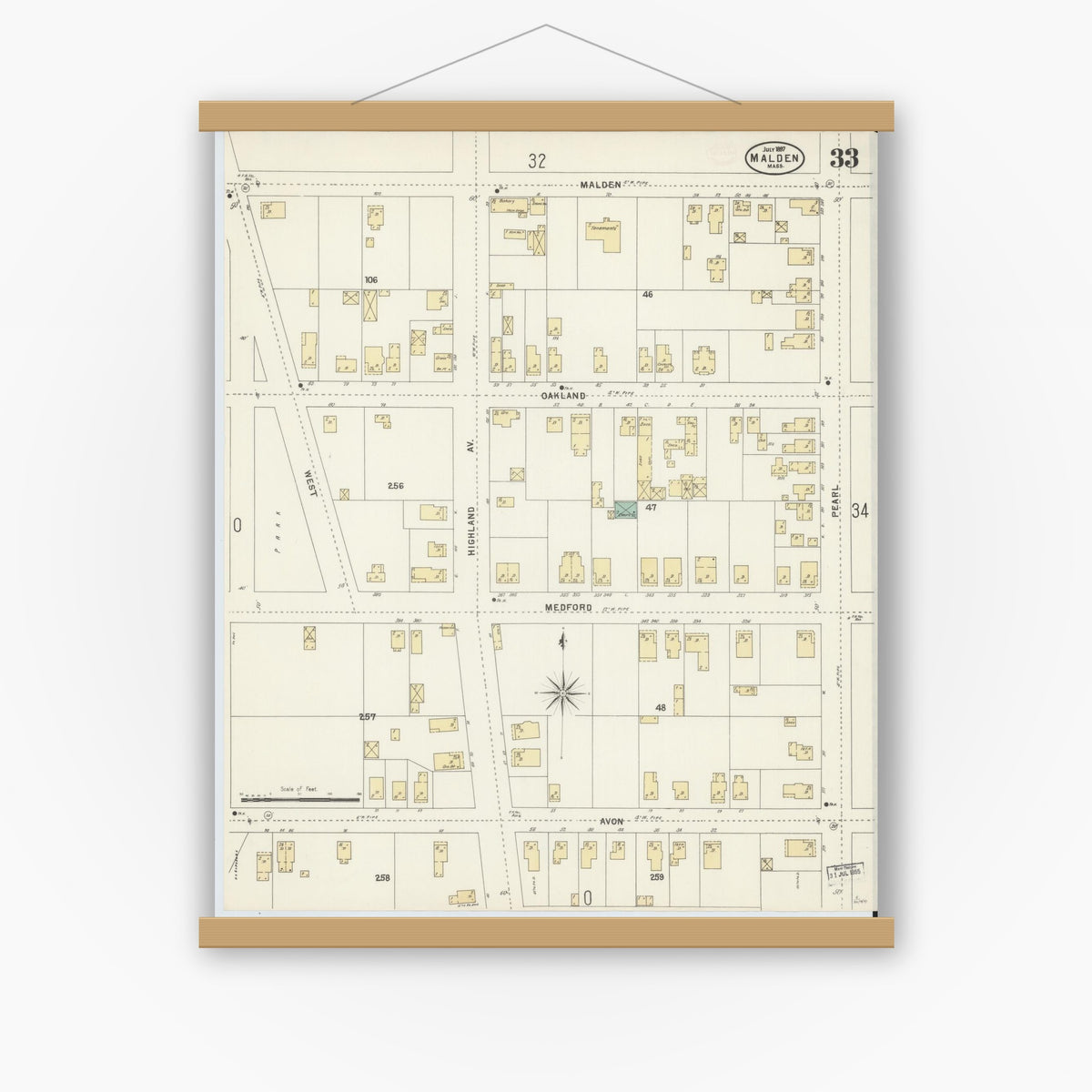 Old map wall art mockup — magnetic wood frame on white wall — Sanborn Fire Insurance Map from Malden, Middlesex County, Massachusetts (1897), Sheet #0033
