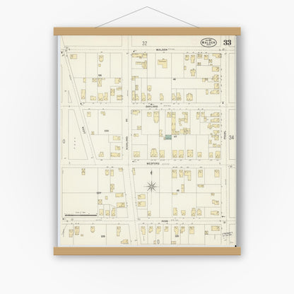 Old map wall art mockup — magnetic wood frame on white wall — Sanborn Fire Insurance Map from Malden, Middlesex County, Massachusetts (1897), Sheet #0033