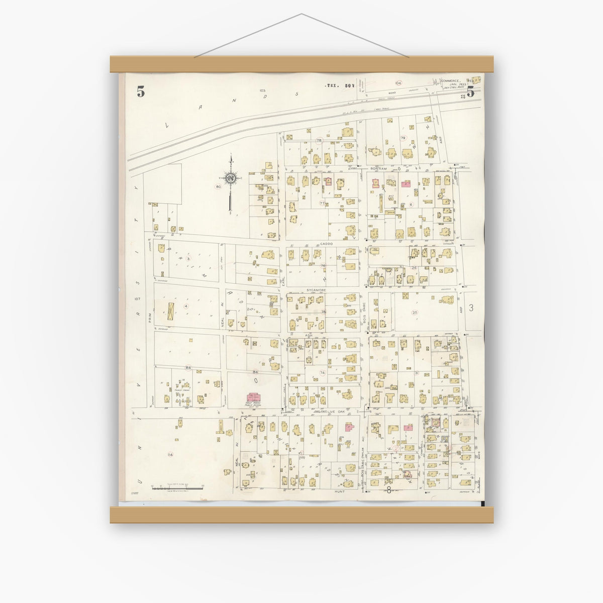 Old map wall art mockup — magnetic wood frame on white wall — Sanborn Fire Insurance Map from Commerce, Hunt County, Texas (1940), Sheet #0005
