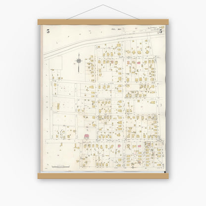 Old map wall art mockup — magnetic wood frame on white wall — Sanborn Fire Insurance Map from Commerce, Hunt County, Texas (1940), Sheet #0005