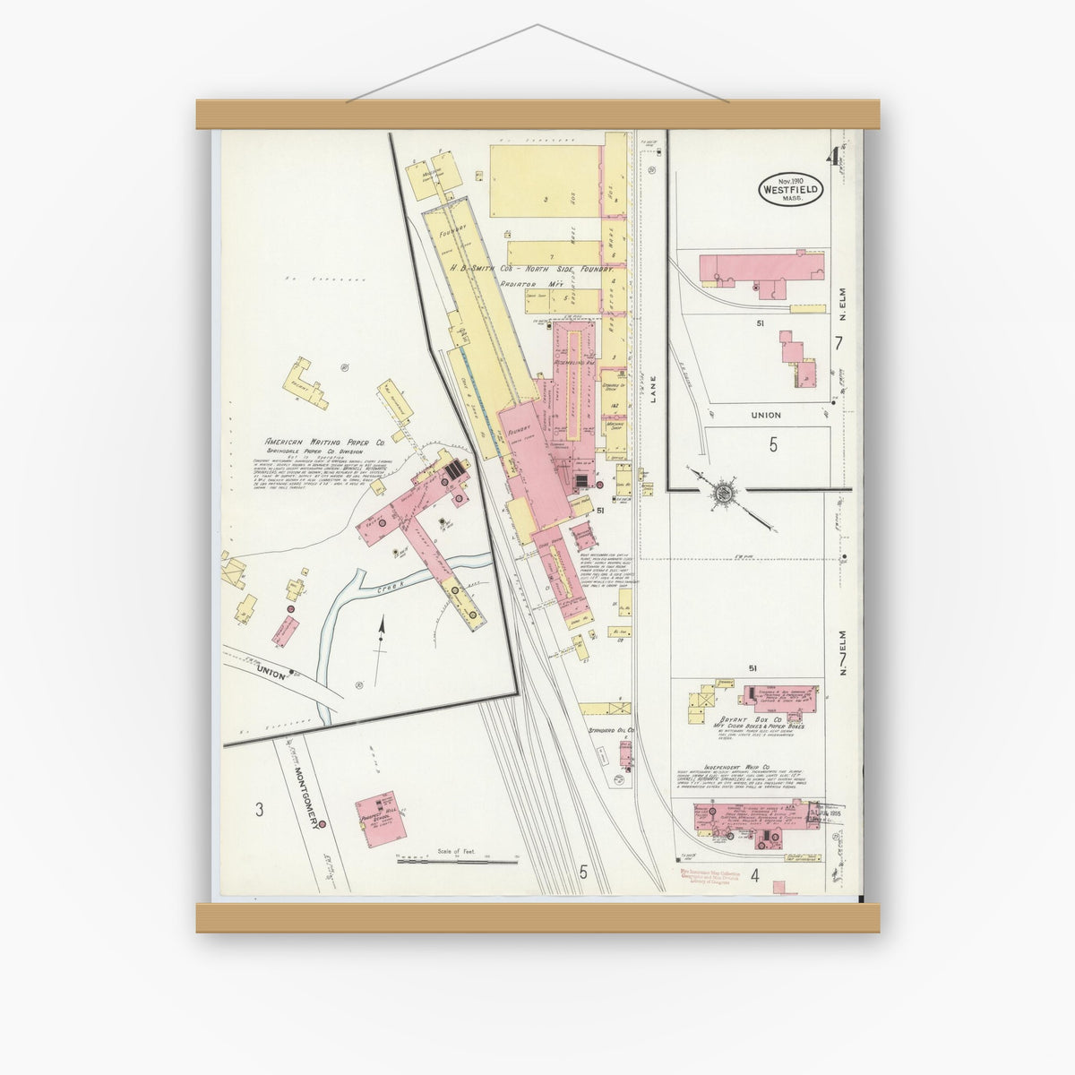 Old map wall art mockup — magnetic wood frame on white wall — Sanborn Fire Insurance Map from Westfield, Hampden County, Massachusetts (1910), Sheet #0004