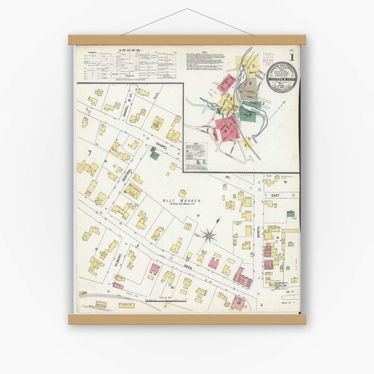 Old map wall art mockup — magnetic wood frame on white wall — Sanborn Fire Insurance Map from Warren, Worcester County, Massachusetts (1902), Sheet #0001