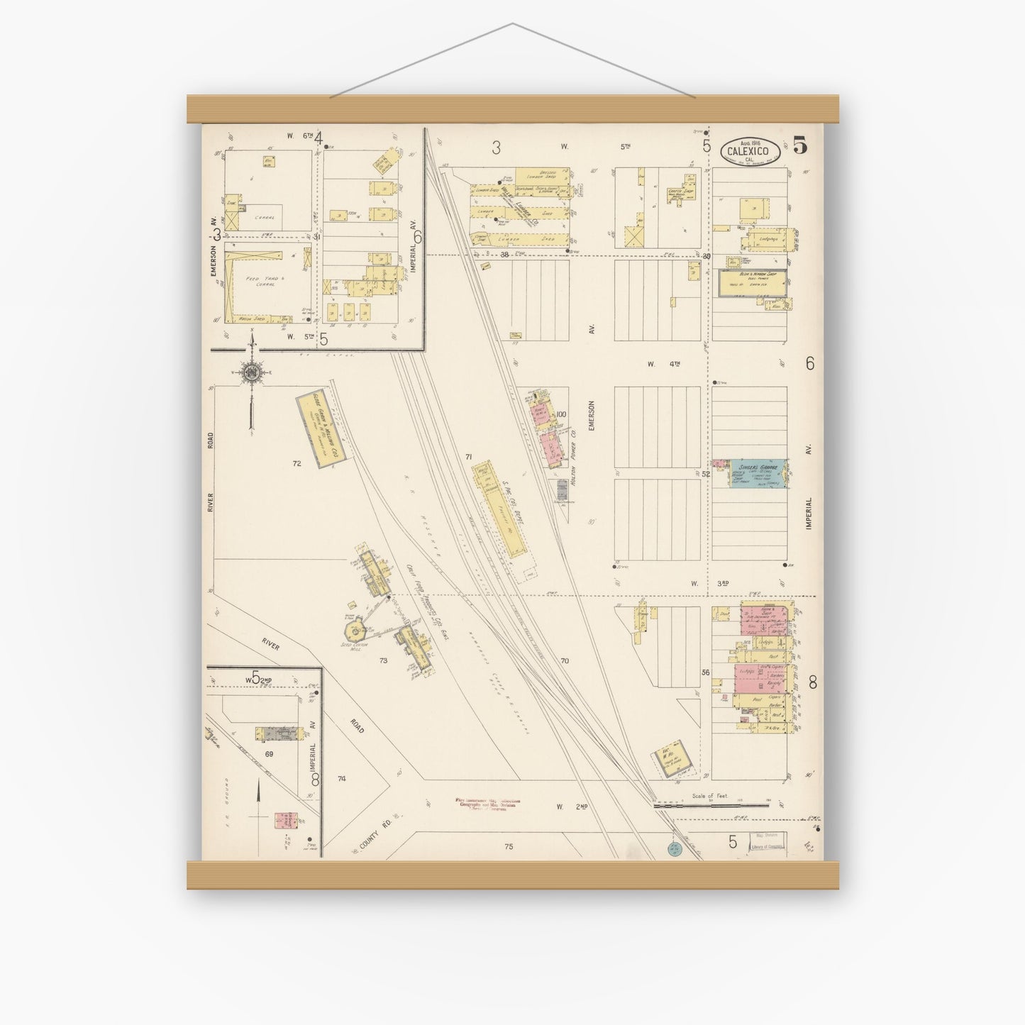 Old map wall art mockup — magnetic wood frame on white wall — Sanborn Fire Insurance Map from Calexico, Imperial County, California (1916), Sheet #0005