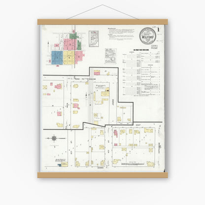 Old map wall art mockup — magnetic wood frame on white wall — Sanborn Fire Insurance Map from Milford, Kosciusko County, Indiana (1917), Sheet #0001