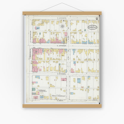 Old map wall art mockup — magnetic wood frame on white wall — Sanborn Fire Insurance Map from Greenfield, Highland County, Ohio (1893), Sheet #0002