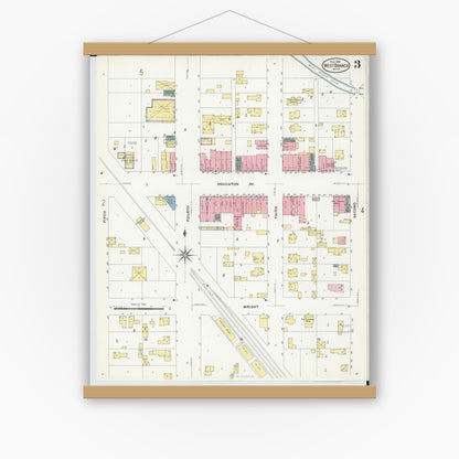 Old map wall art mockup — magnetic wood frame on white wall — Sanborn Fire Insurance Map from West Branch, Ogemaw County, Michigan (1909), Sheet #0003