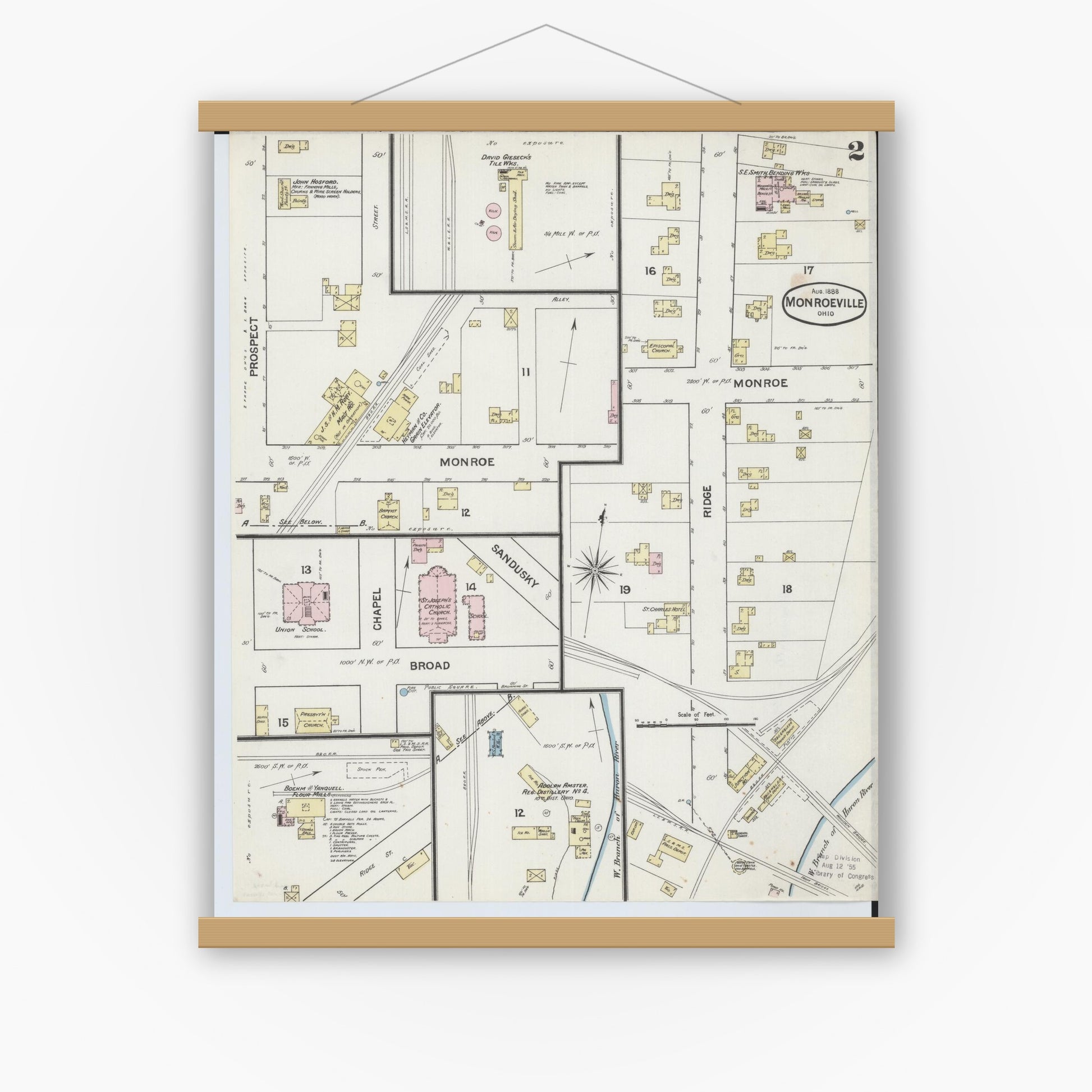 Old map wall art mockup — magnetic wood frame on white wall — Sanborn Fire Insurance Map from Monroeville, Huron County, Ohio (1888), Sheet #0002
