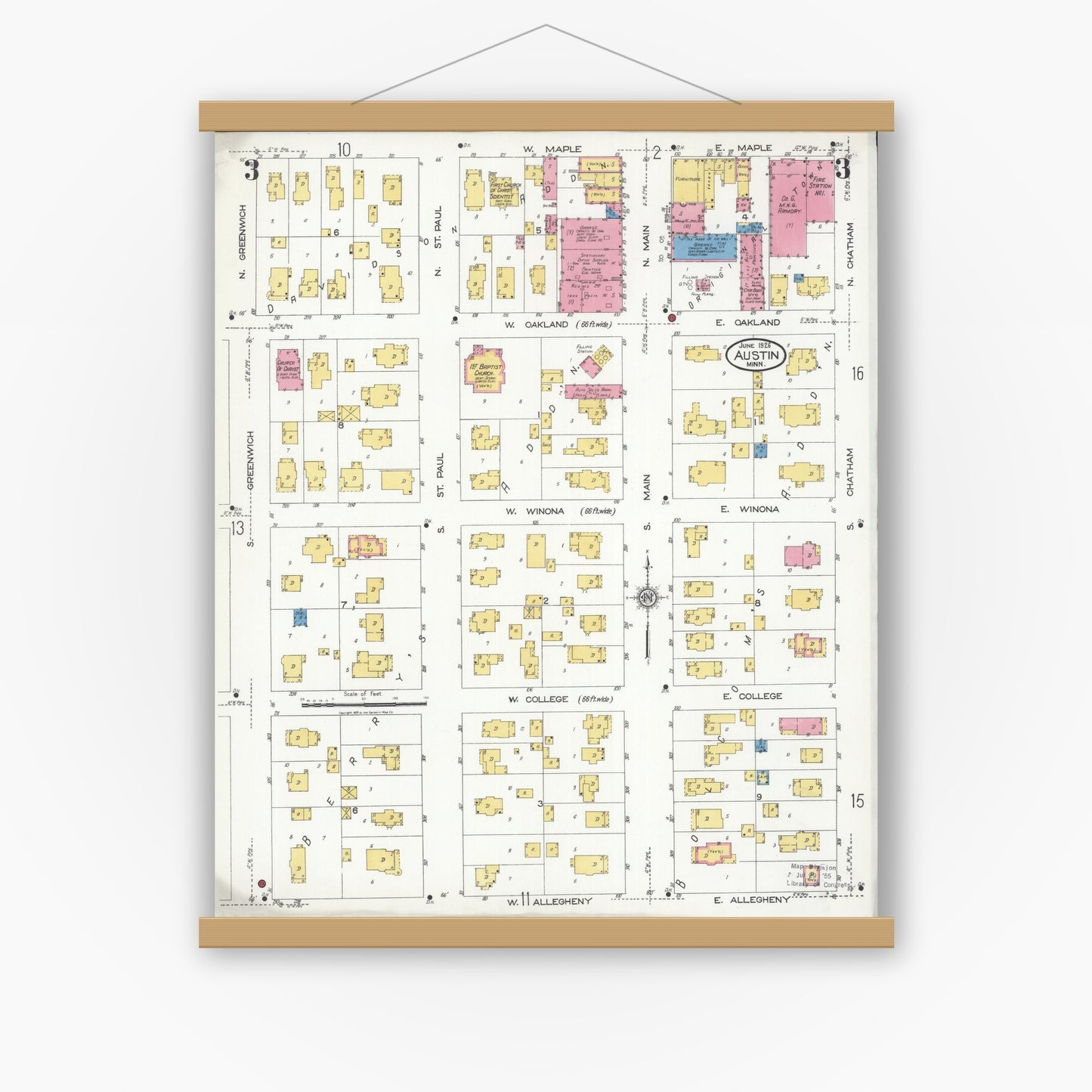 Old map wall art mockup — magnetic wood frame on white wall — Sanborn Fire Insurance Map from Austin, Mower County, Minnesota (1926), Sheet #0003