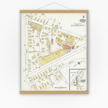 Old map wall art mockup — magnetic wood frame on white wall — Sanborn Fire Insurance Map from Peabody, Essex County, Massachusetts (1920), Sheet #0003