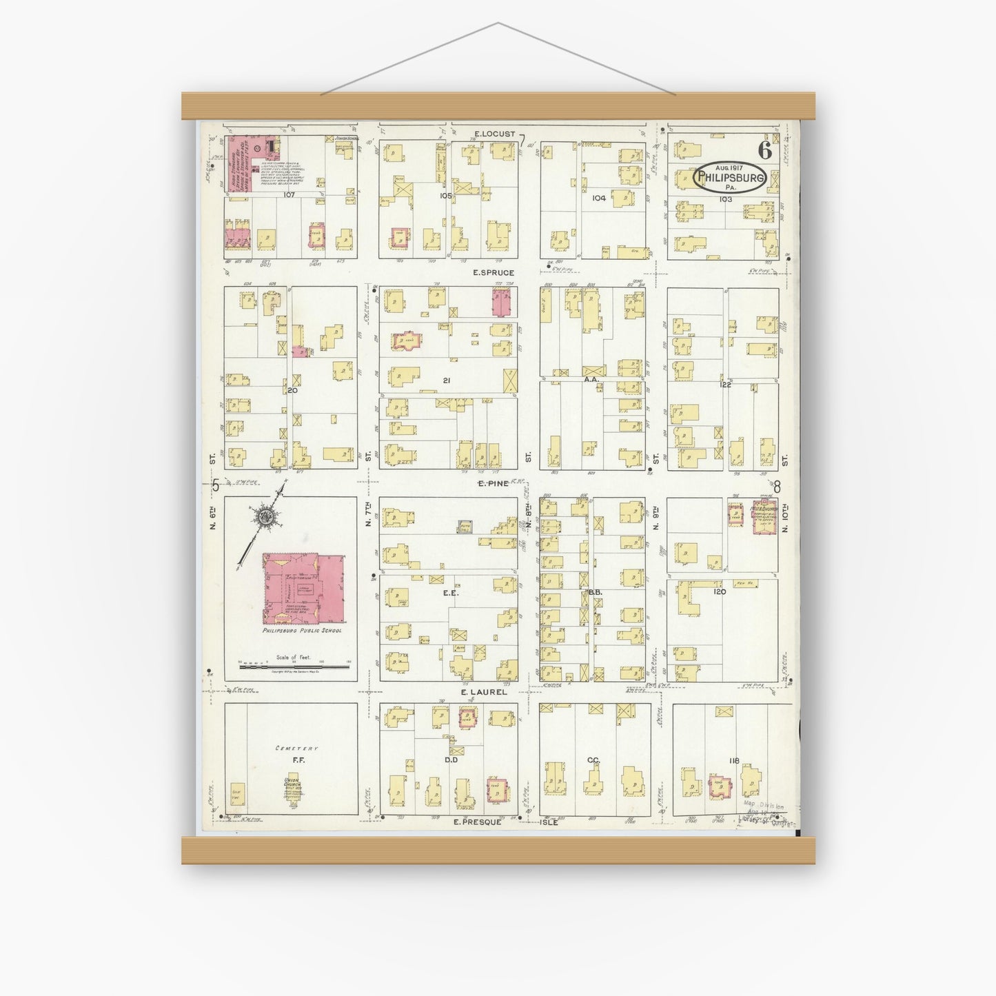 Old map wall art mockup — magnetic wood frame on white wall — Sanborn Fire Insurance Map from Philipsburg, Centre County, Pennsylvania (1917), Sheet #0006
