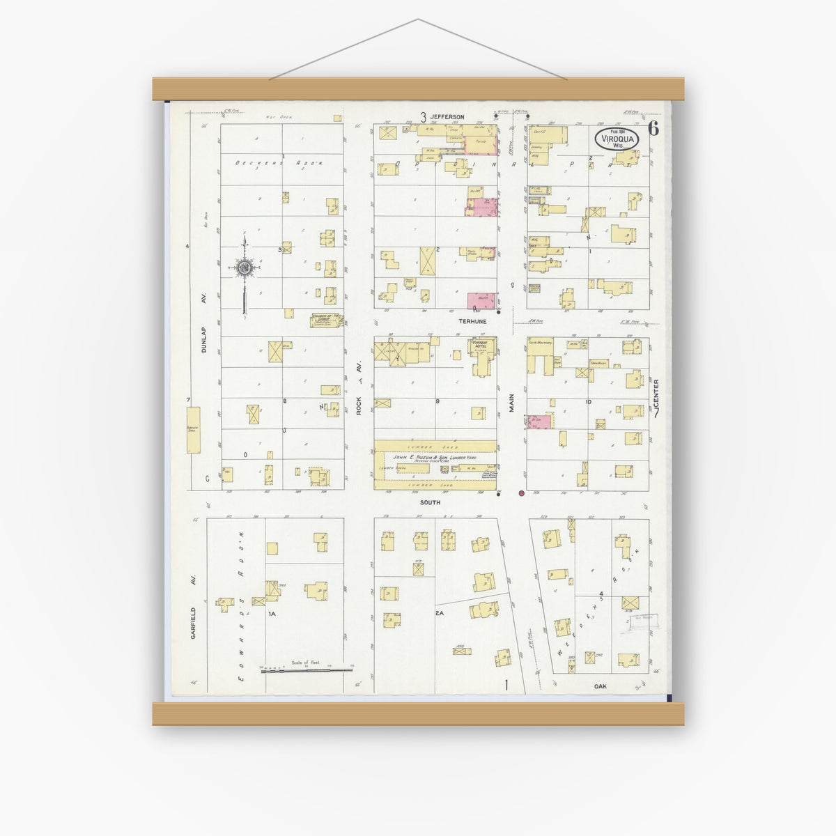 Old map wall art mockup — magnetic wood frame on white wall — Sanborn Fire Insurance Map from Viroqua, Vernon County, Wisconsin (1911), Sheet #0006