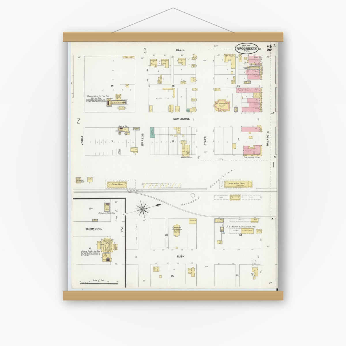 Old map wall art mockup — magnetic wood frame on white wall — Sanborn Fire Insurance Map from Groesbeck, Limestone County, Texas (1906), Sheet #0002