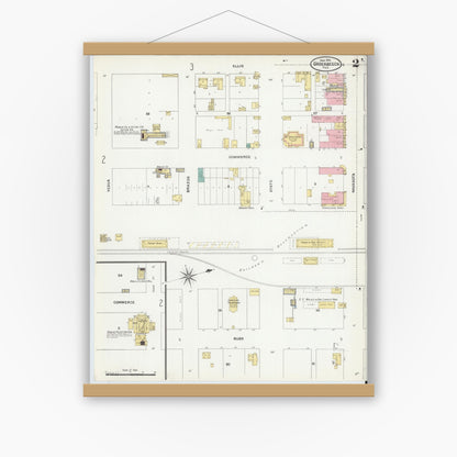 Old map wall art mockup — magnetic wood frame on white wall — Sanborn Fire Insurance Map from Groesbeck, Limestone County, Texas (1906), Sheet #0002