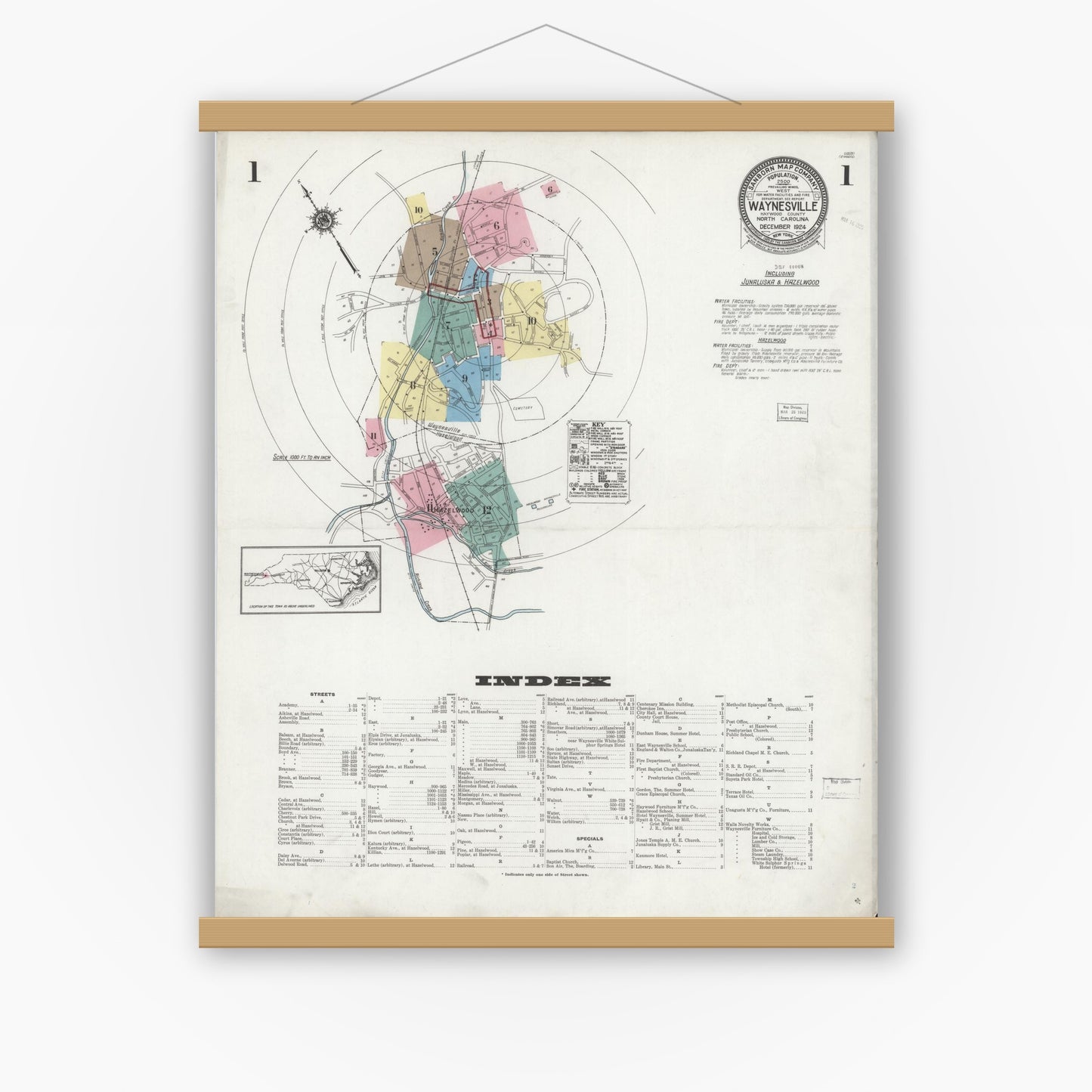 Old map wall art mockup — magnetic wood frame on white wall — Sanborn Fire Insurance Map from Waynesville, Haywood County, North Carolina (1924) - Complete Map Set
