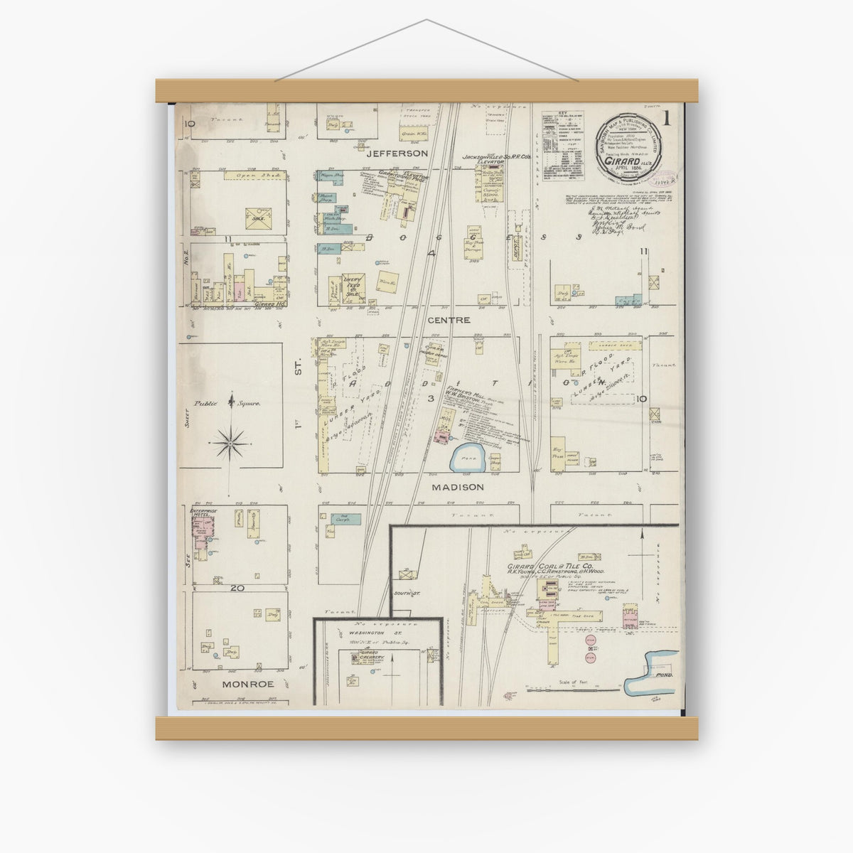 Old map wall art mockup — magnetic wood frame on white wall — Sanborn Fire Insurance Map from Girard, Macoupin County, Illinois (1886), Sheet #0001