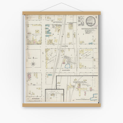 Old map wall art mockup — magnetic wood frame on white wall — Sanborn Fire Insurance Map from Girard, Macoupin County, Illinois (1886), Sheet #0001