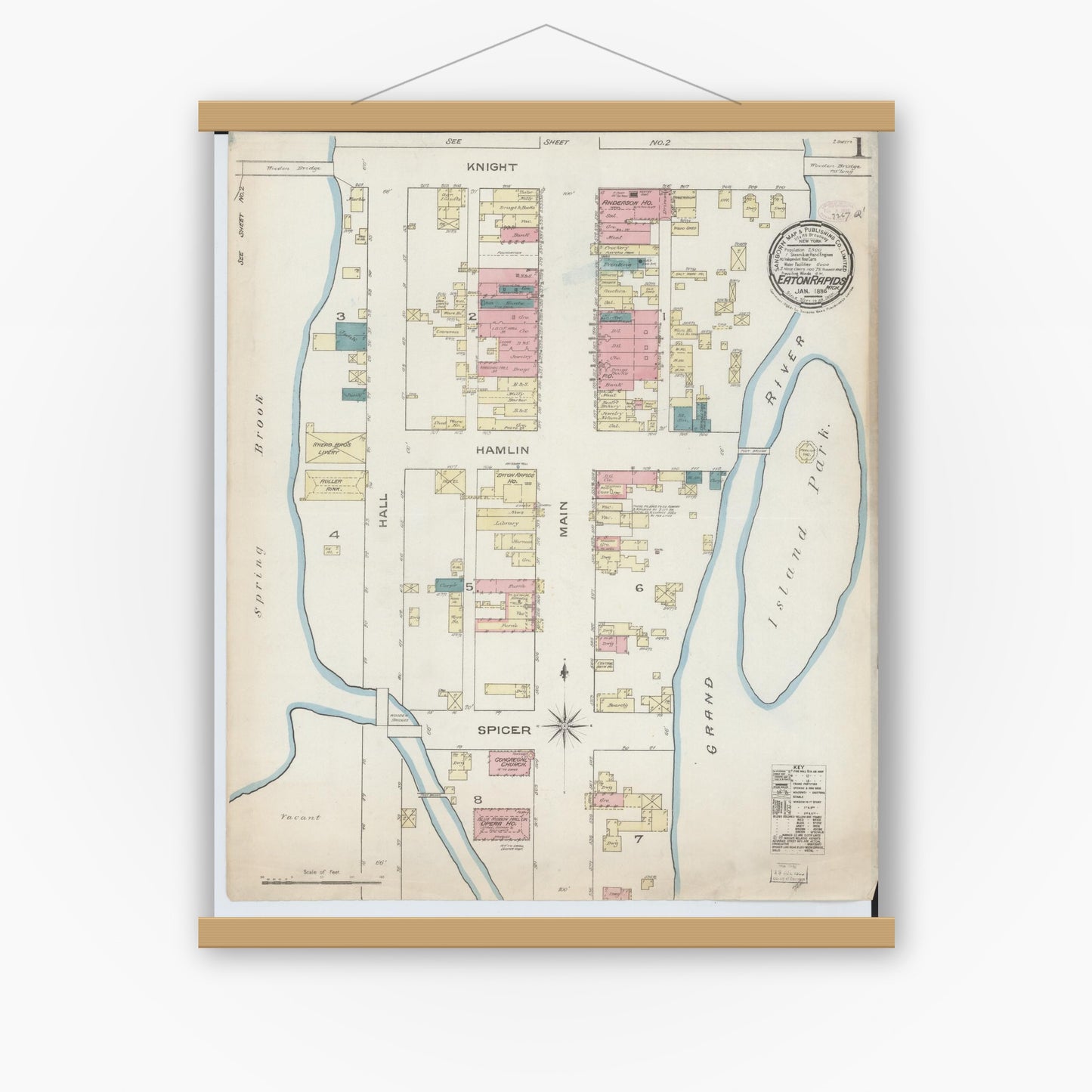 Old map wall art mockup — magnetic wood frame on white wall — Sanborn Fire Insurance Map from Eaton Rapids, Eaton County, Michigan (1886) - Complete Map Set