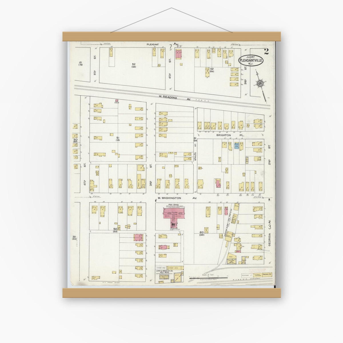 Old map wall art mockup — magnetic wood frame on white wall — Sanborn Fire Insurance Map from Pleasantville, Atlantic County, New Jersey (1917), Sheet #0002