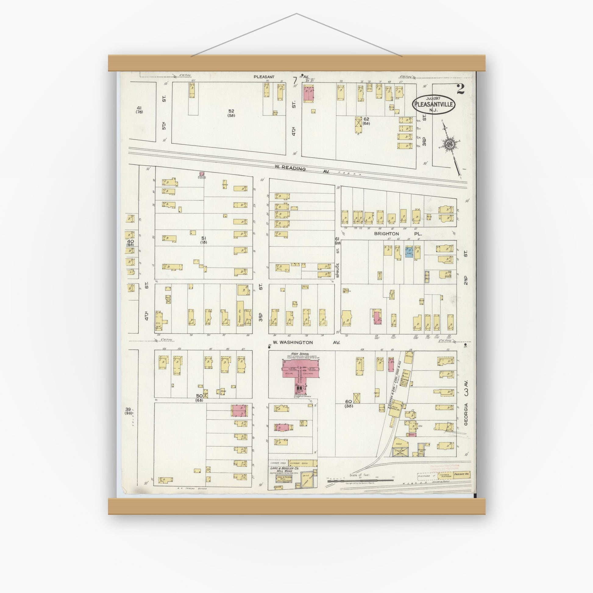 Old map wall art mockup — magnetic wood frame on white wall — Sanborn Fire Insurance Map from Pleasantville, Atlantic County, New Jersey (1917), Sheet #0002