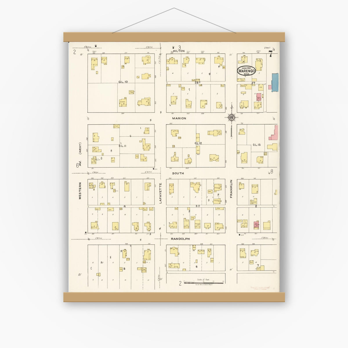 Old map wall art mockup — magnetic wood frame on white wall — Sanborn Fire Insurance Map from Marengo, Iowa County, Iowa (1922), Sheet #0007