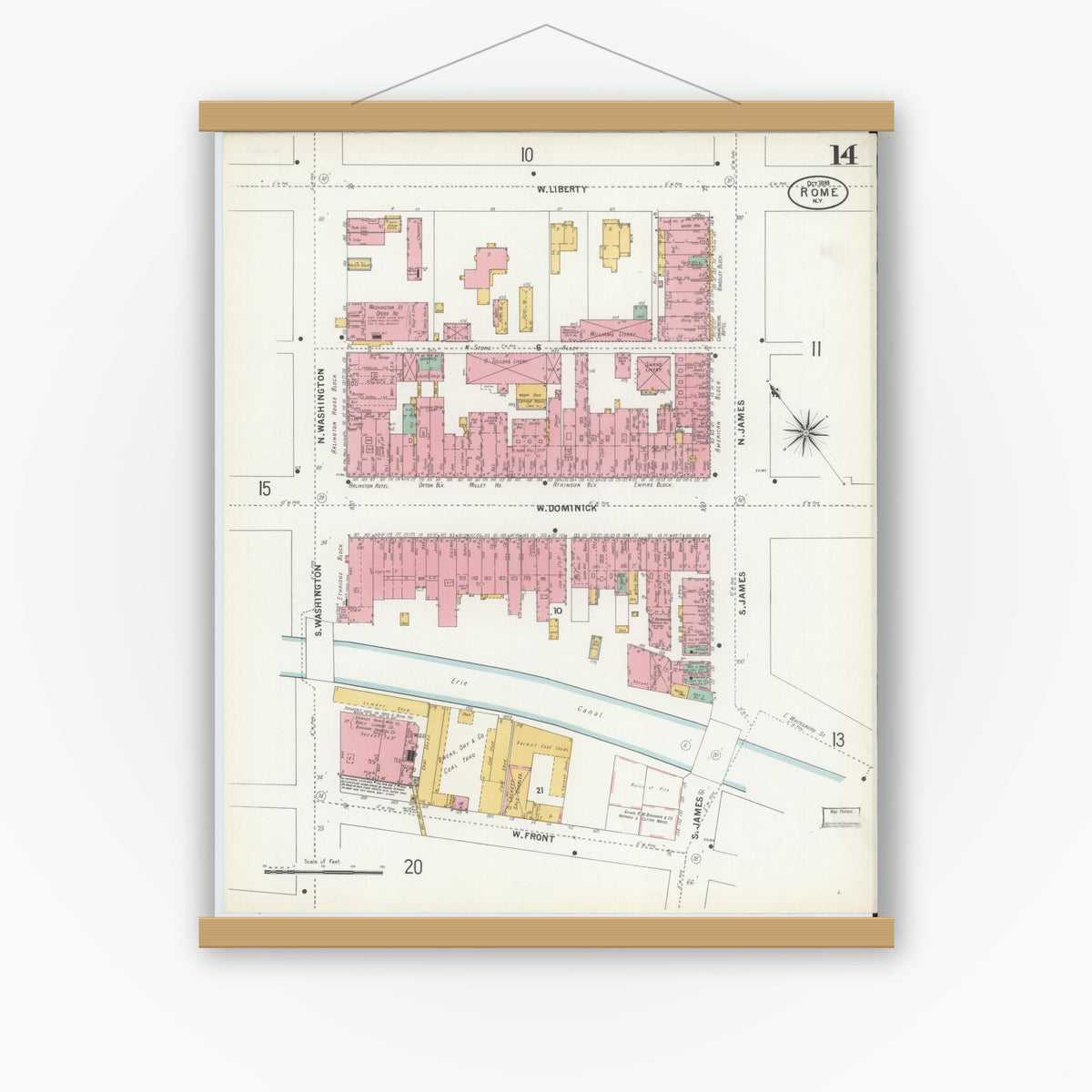 Old map wall art mockup — magnetic wood frame on white wall — Sanborn Fire Insurance Map from Rome, Oneida County, New York (1899), Sheet #0014