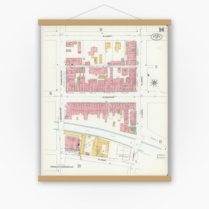 Old map wall art mockup — magnetic wood frame on white wall — Sanborn Fire Insurance Map from Rome, Oneida County, New York (1899), Sheet #0014