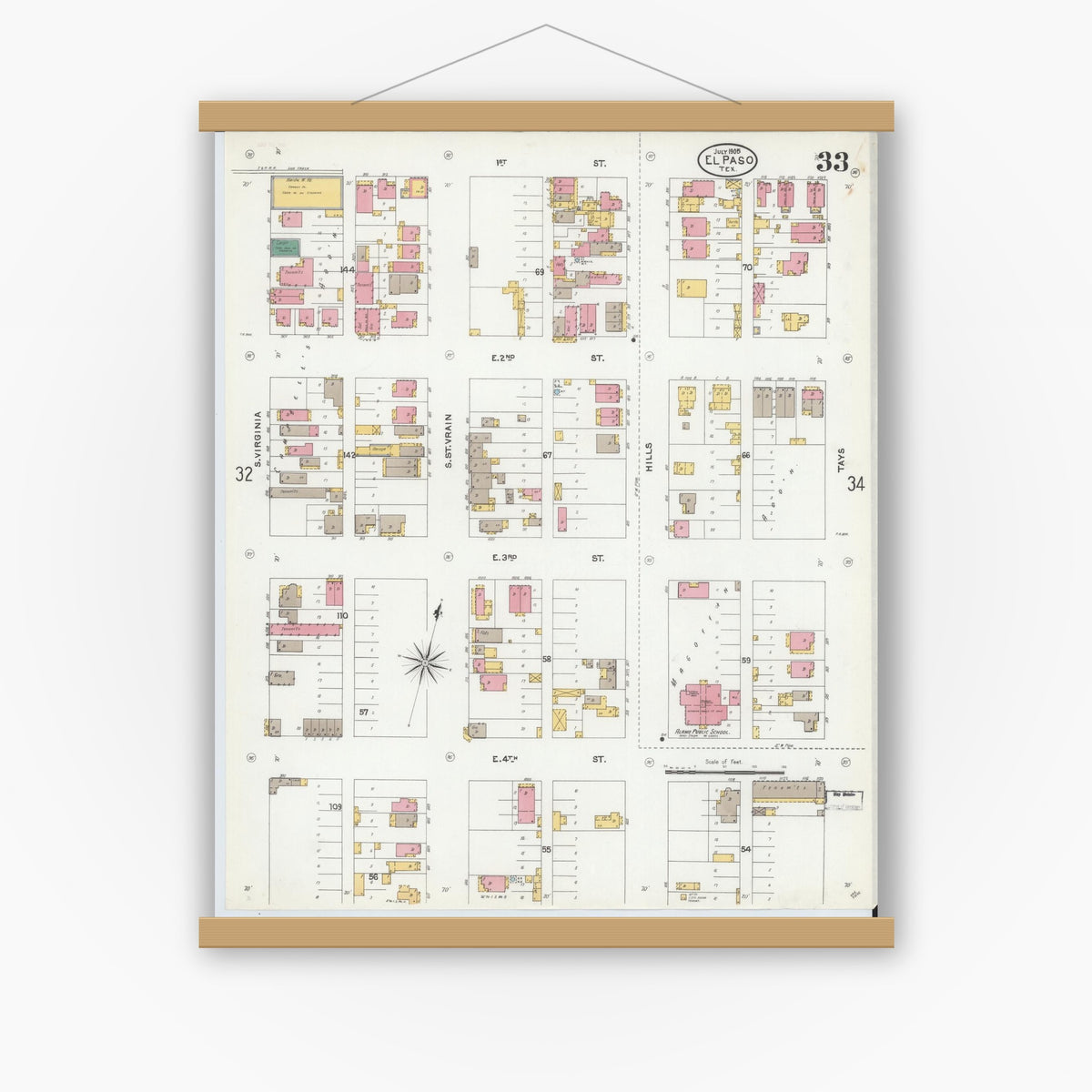 Old map wall art mockup — magnetic wood frame on white wall — Sanborn Fire Insurance Map from El Paso, El Paso County, Texas (1905), Sheet #0033