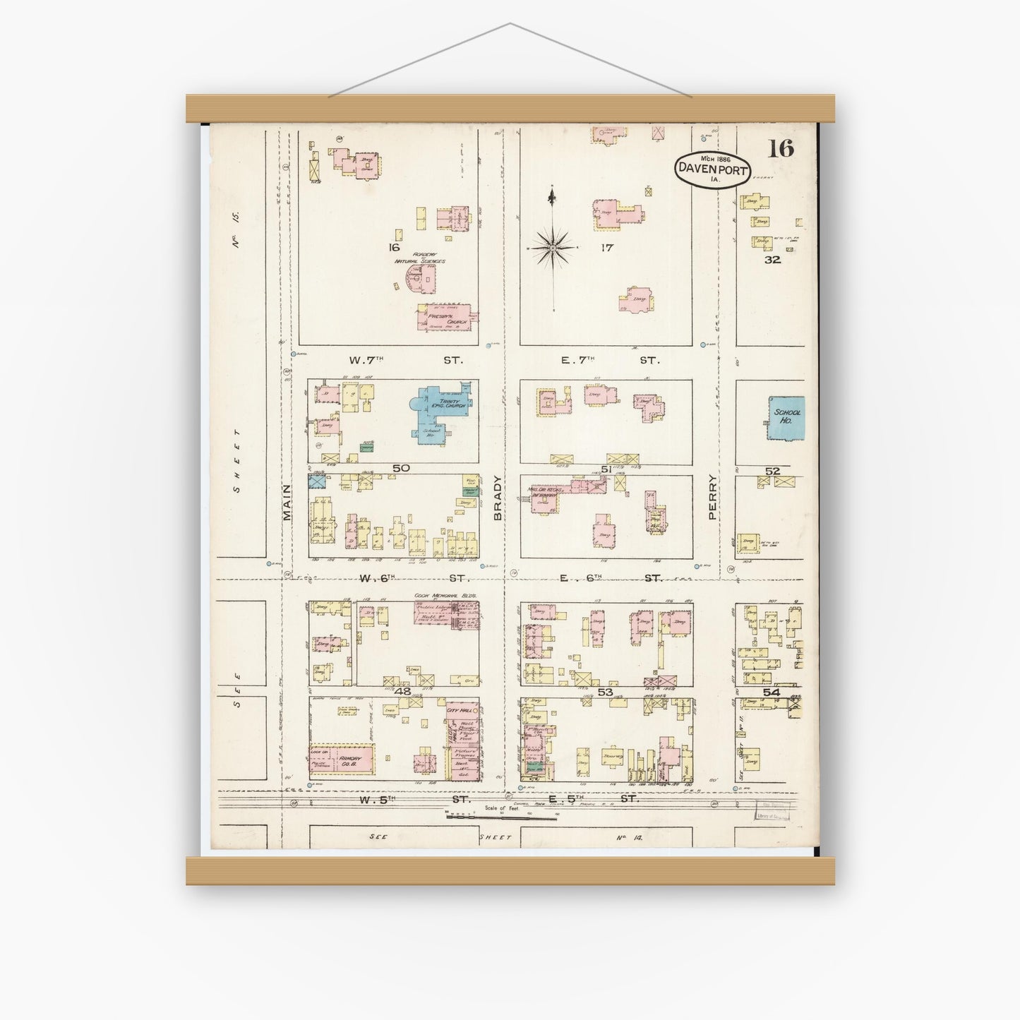 Old map wall art mockup — magnetic wood frame on white wall — Sanborn Fire Insurance Map from Davenport, Scott County, Iowa (1886), Sheet #0016