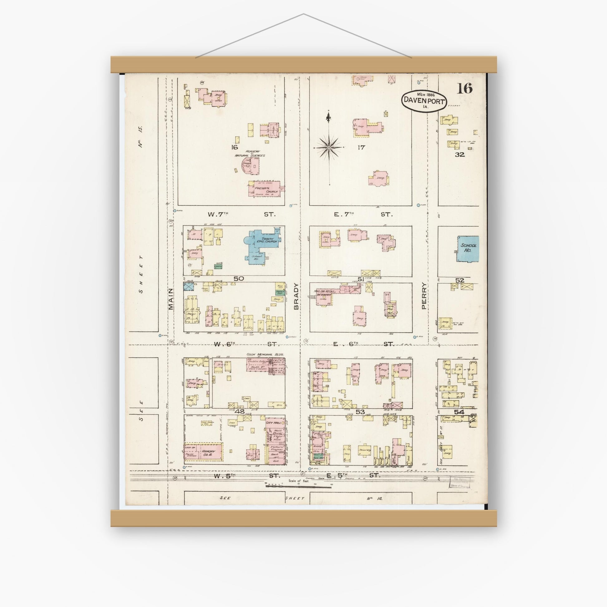 Old map wall art mockup — magnetic wood frame on white wall — Sanborn Fire Insurance Map from Davenport, Scott County, Iowa (1886), Sheet #0016