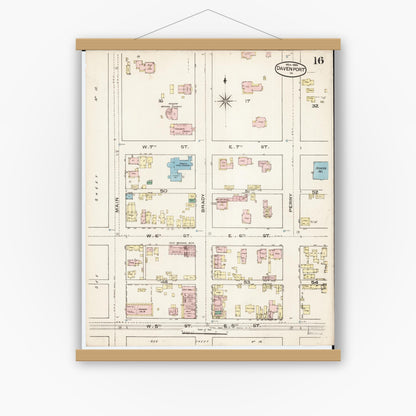 Old map wall art mockup — magnetic wood frame on white wall — Sanborn Fire Insurance Map from Davenport, Scott County, Iowa (1886), Sheet #0016