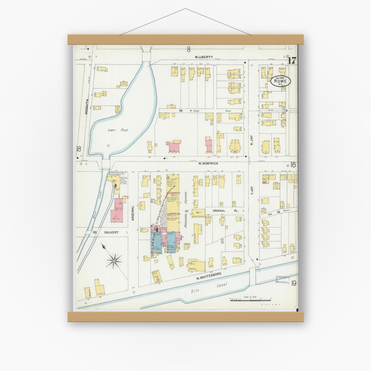 Old map wall art mockup — magnetic wood frame on white wall — Sanborn Fire Insurance Map from Rome, Oneida County, New York (1899), Sheet #0017