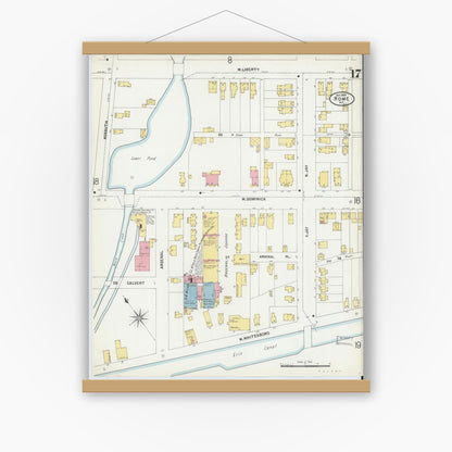 Old map wall art mockup — magnetic wood frame on white wall — Sanborn Fire Insurance Map from Rome, Oneida County, New York (1899), Sheet #0017