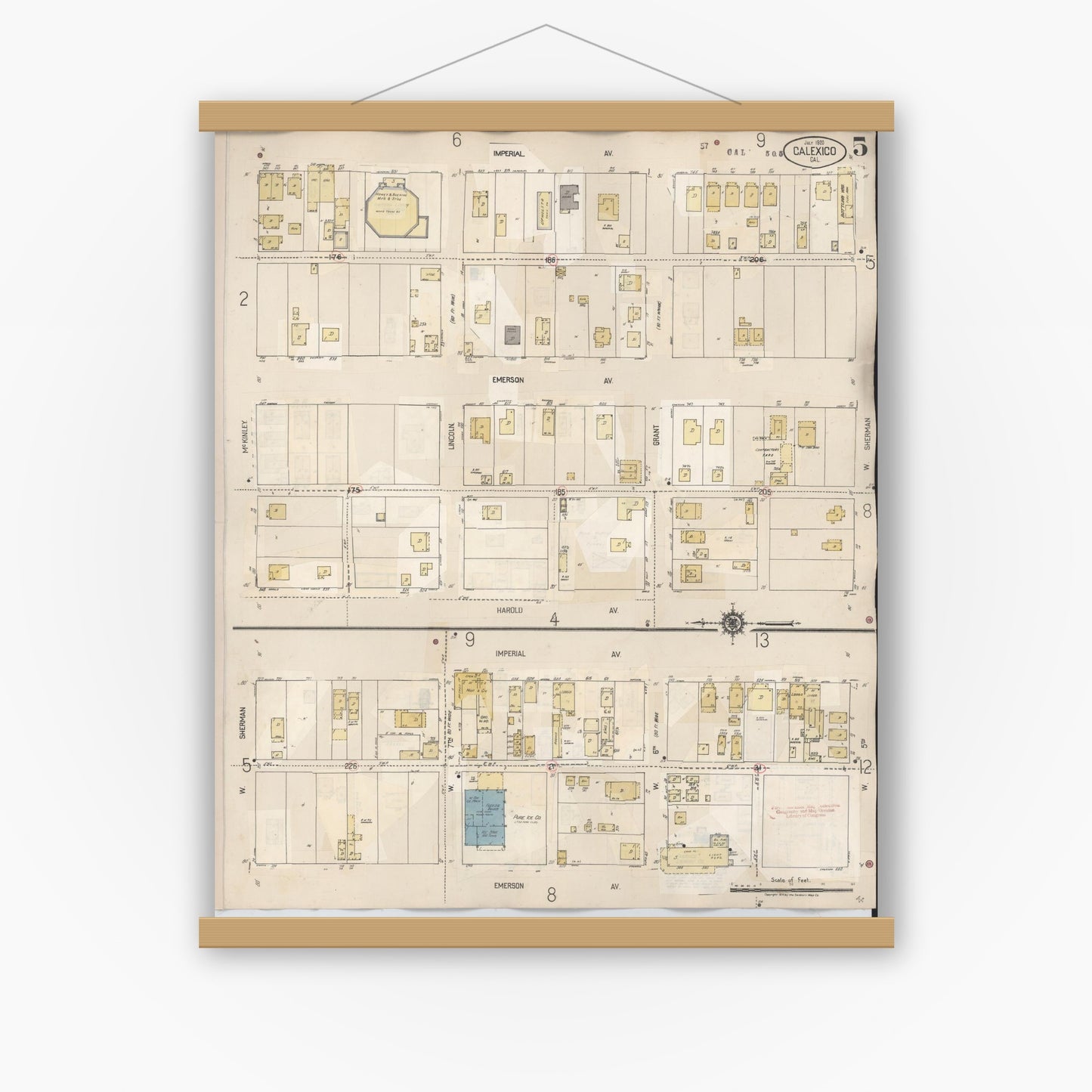 Old map wall art mockup — magnetic wood frame on white wall — Sanborn Fire Insurance Map from Calexico, Imperial County, California (1949), Sheet #0005
