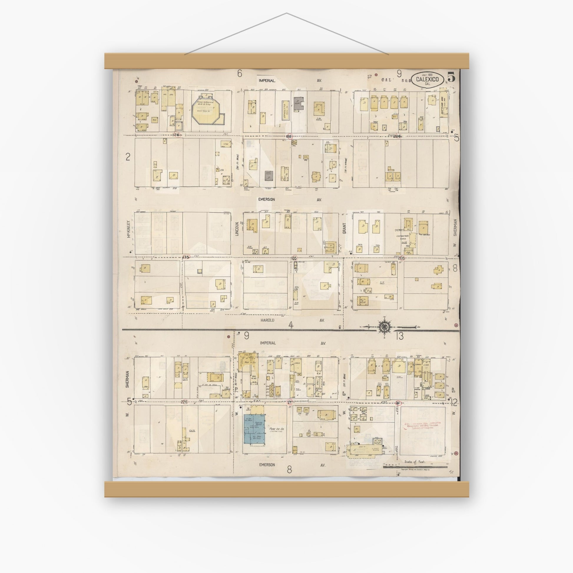 Old map wall art mockup — magnetic wood frame on white wall — Sanborn Fire Insurance Map from Calexico, Imperial County, California (1949), Sheet #0005