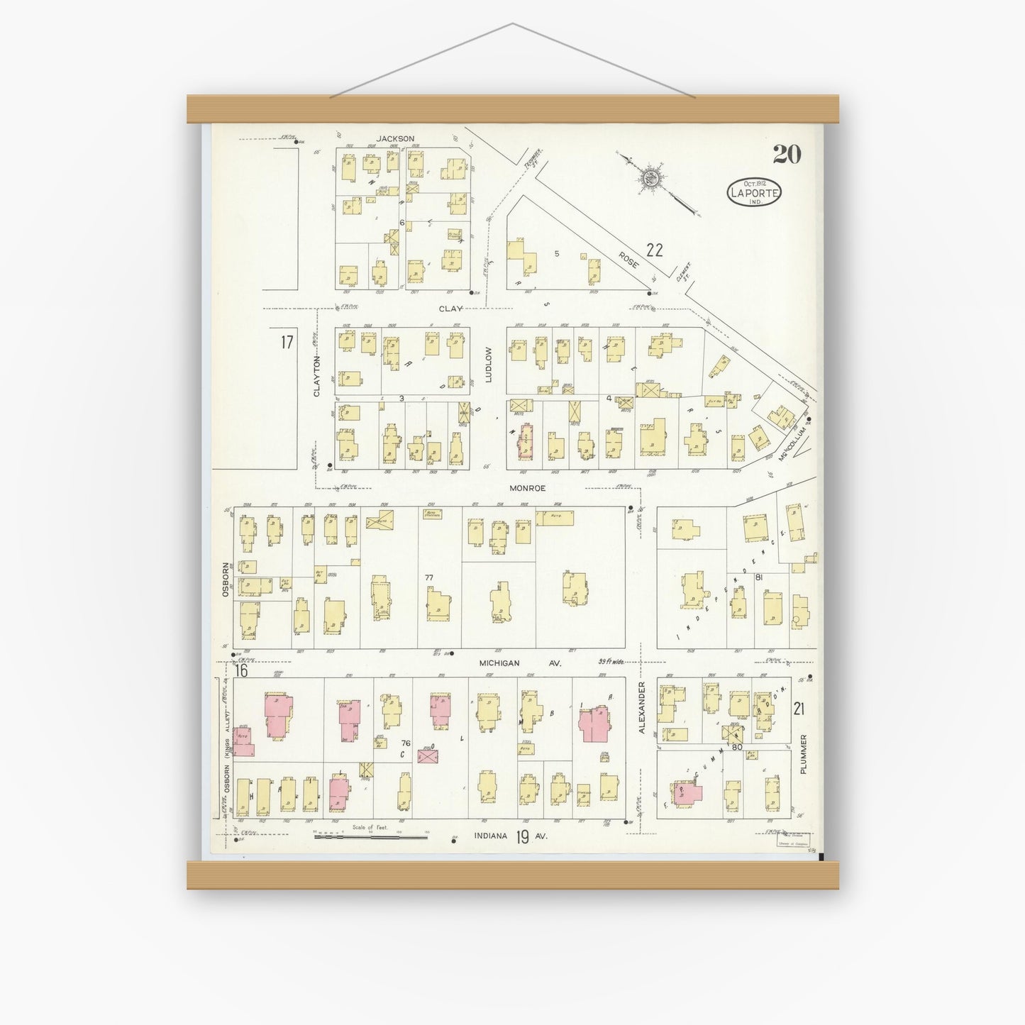 Old map wall art mockup — magnetic wood frame on white wall — Sanborn Fire Insurance Map from La Porte, La Porte County, Indiana (1912), Sheet #0020