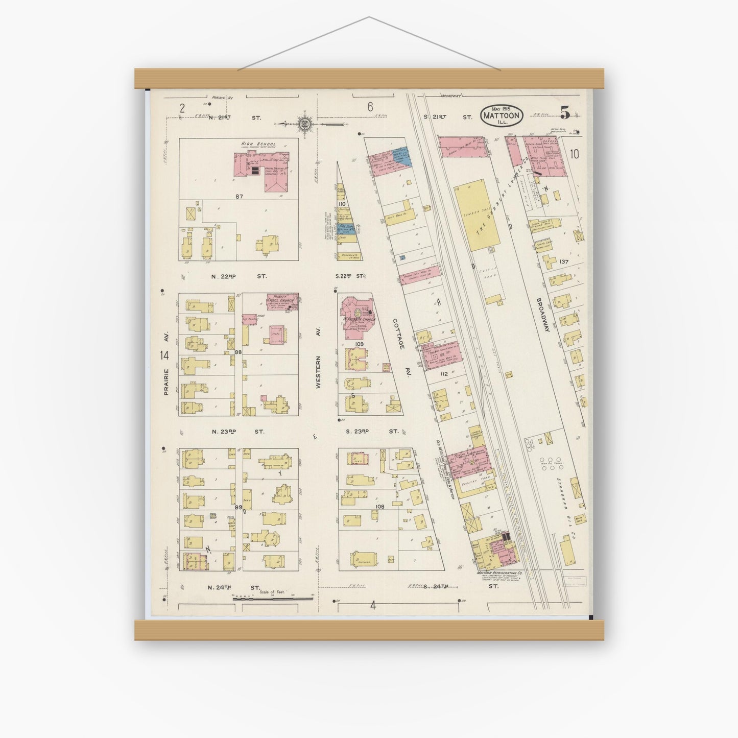 Old map wall art mockup — magnetic wood frame on white wall — Sanborn Fire Insurance Map from Mattoon, Coles County, Illinois (1915), Sheet #0005