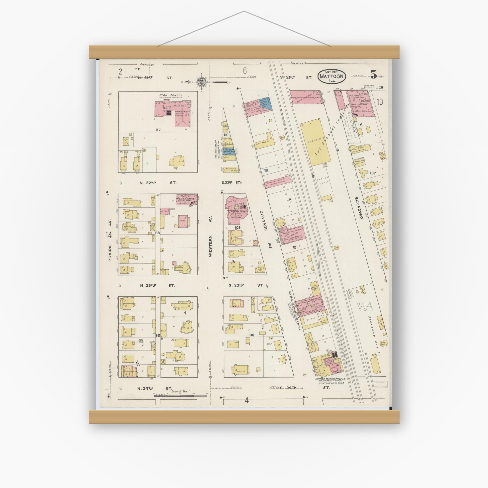 Old map wall art mockup — magnetic wood frame on white wall — Sanborn Fire Insurance Map from Mattoon, Coles County, Illinois (1915), Sheet #0005