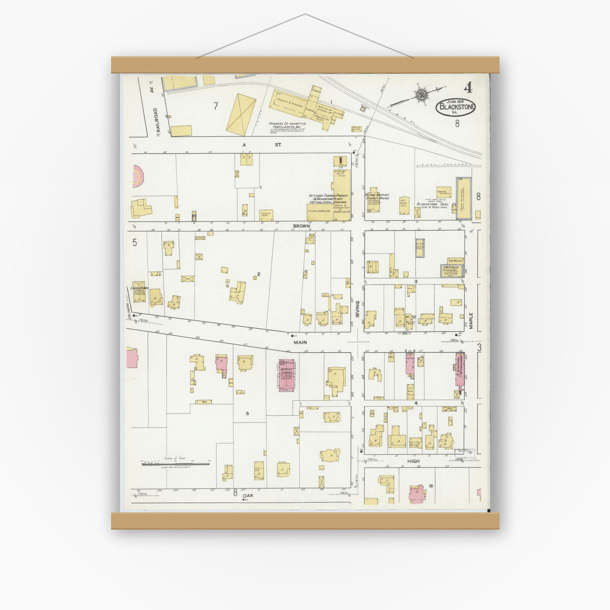 Old map wall art mockup — magnetic wood frame on white wall — Sanborn Fire Insurance Map from Blackstone, Nottoway County, Virginia (1919), Sheet #0004