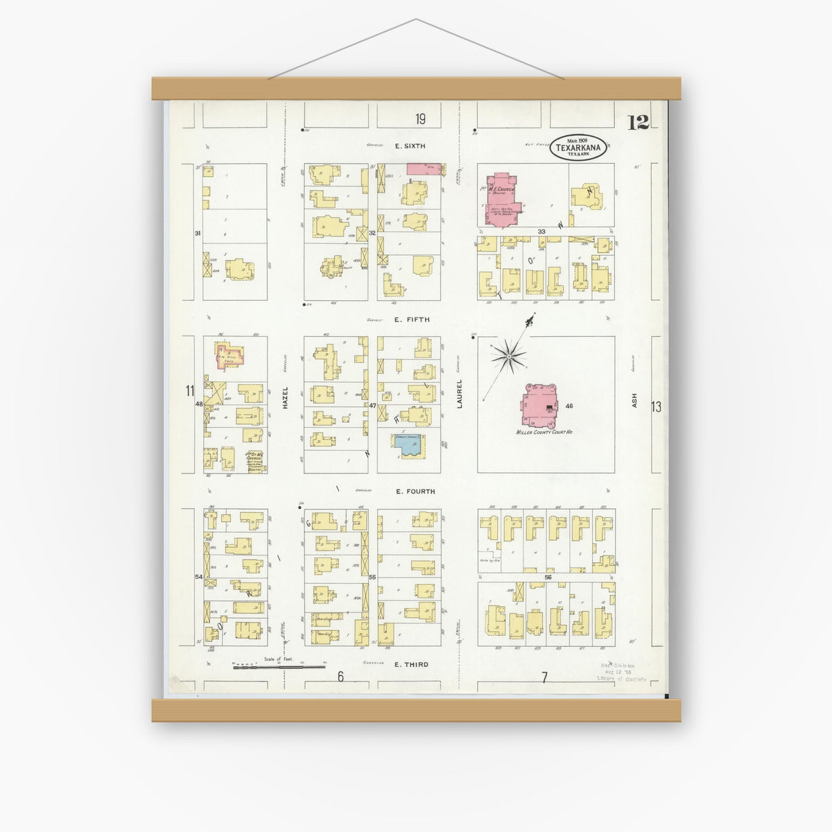Old map wall art mockup — magnetic wood frame on white wall — Sanborn Fire Insurance Map from Texarkana, Bowie County, Texas (1909), Sheet #0012