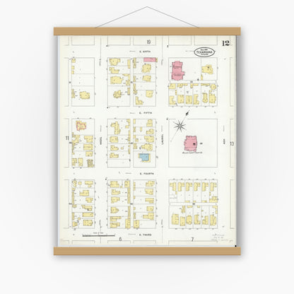 Old map wall art mockup — magnetic wood frame on white wall — Sanborn Fire Insurance Map from Texarkana, Bowie County, Texas (1909), Sheet #0012