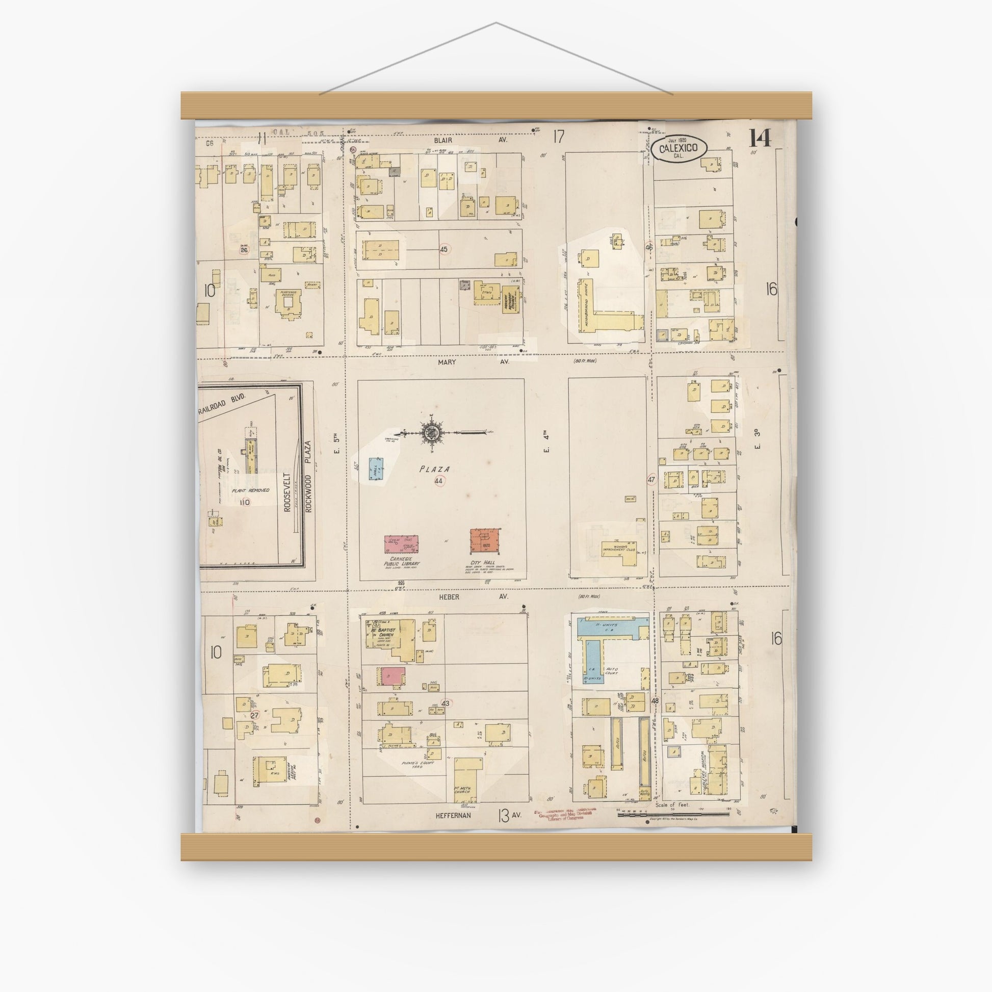 Old map wall art mockup — magnetic wood frame on white wall — Sanborn Fire Insurance Map from Calexico, Imperial County, California (1949), Sheet #0014