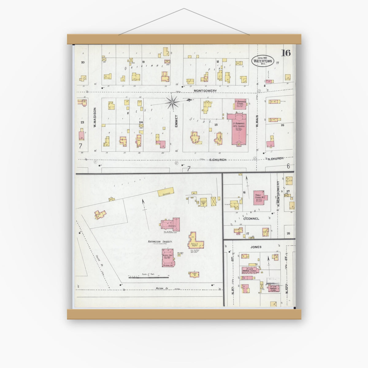 Old map wall art mockup — magnetic wood frame on white wall — Sanborn Fire Insurance Map from Watertown, Jefferson County, Wisconsin (1901), Sheet #0016