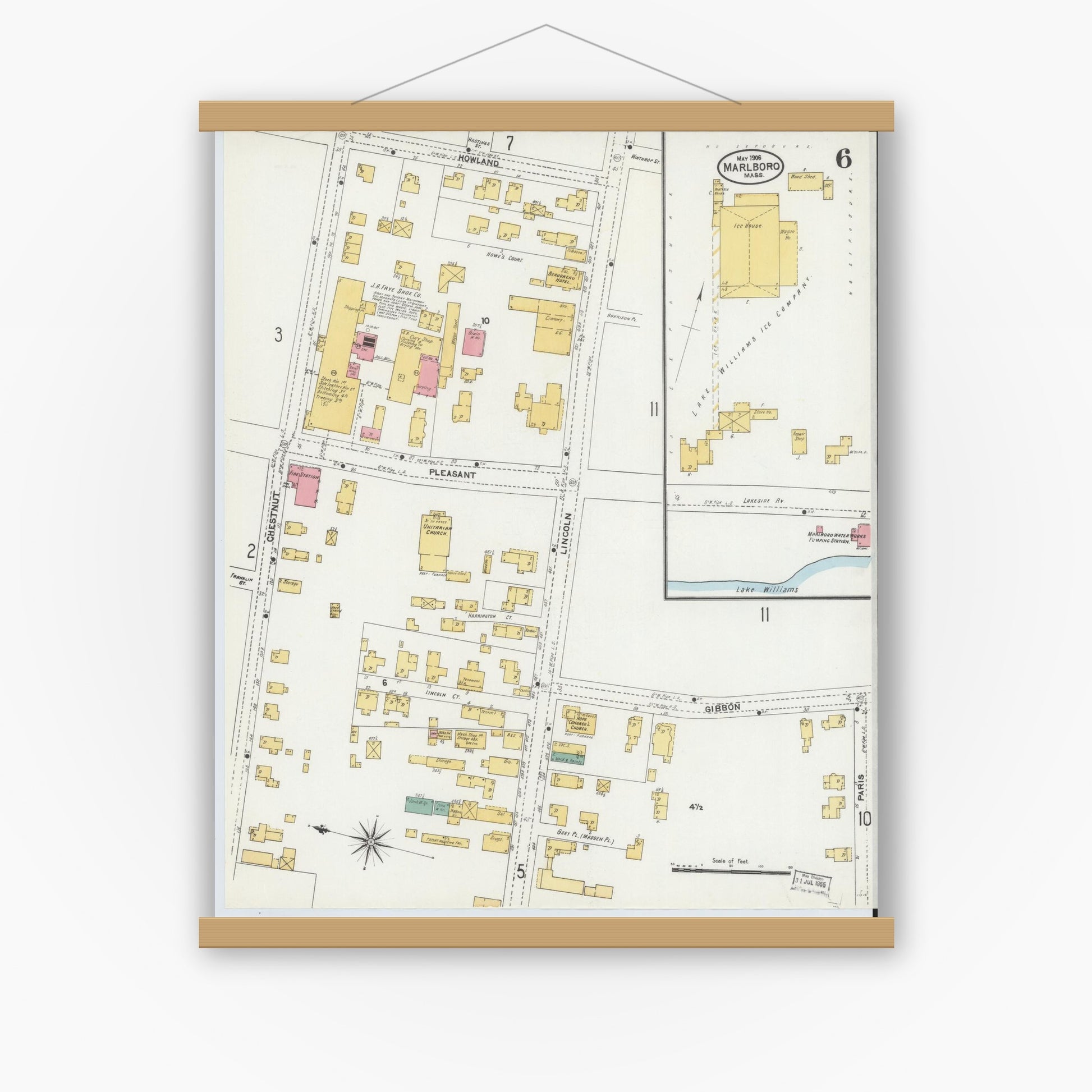 Old map wall art mockup — magnetic wood frame on white wall — Sanborn Fire Insurance Map from Marlborough, Middlesex County, Massachusetts (1906), Sheet #0006