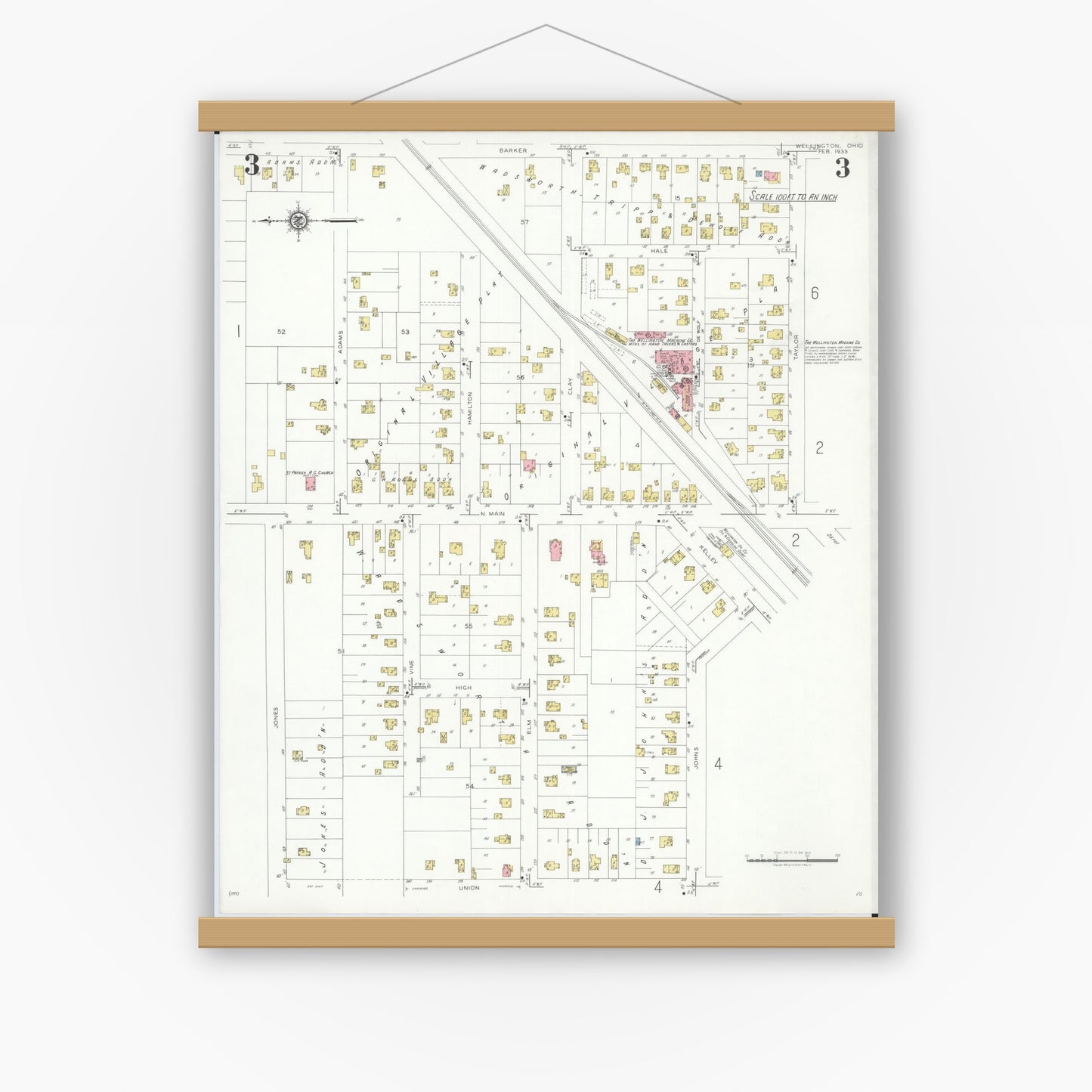 Old map wall art mockup — magnetic wood frame on white wall — Sanborn Fire Insurance Map from Wellington, Lorain County, Ohio (1933), Sheet #0003