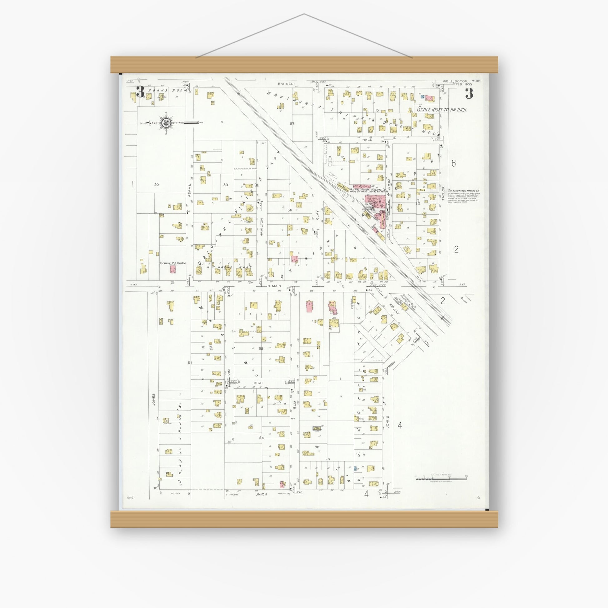 Old map wall art mockup — magnetic wood frame on white wall — Sanborn Fire Insurance Map from Wellington, Lorain County, Ohio (1933), Sheet #0003
