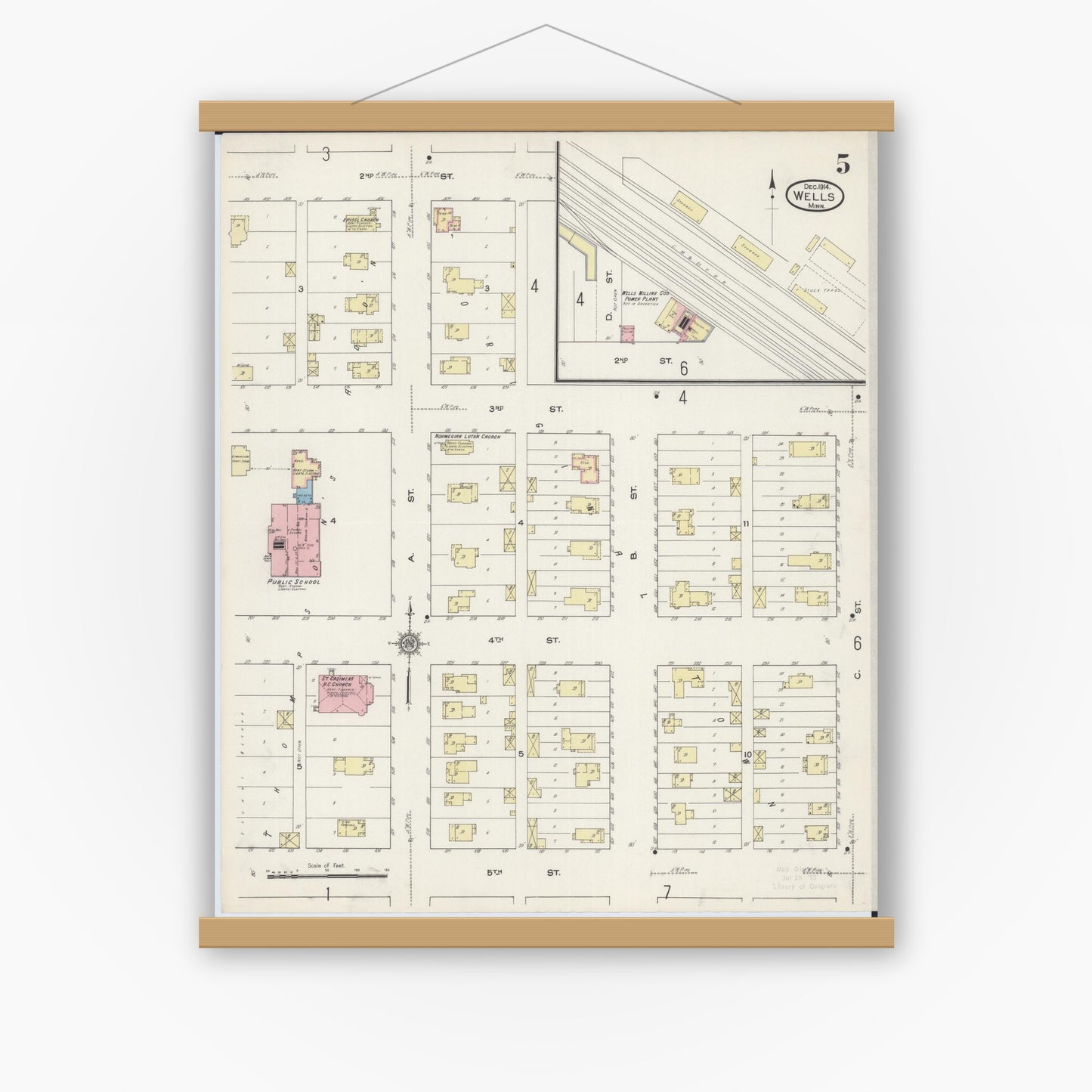 Old map wall art mockup — magnetic wood frame on white wall — Sanborn Fire Insurance Map from Wells, Faribault County, Minnesota (1914), Sheet #0005